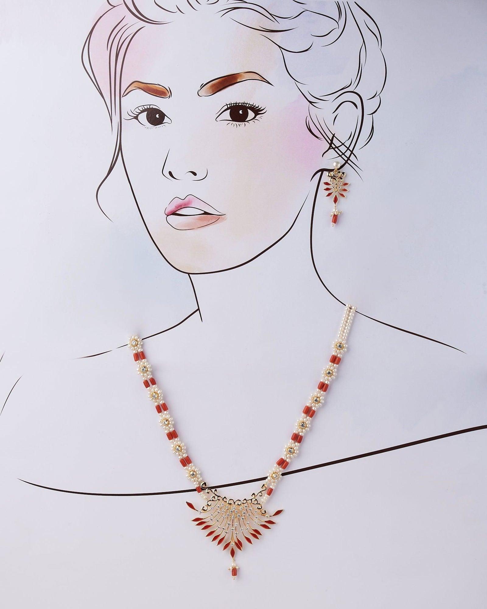 White Pearl and Red Bead Necklace Set - Chandrani Pearls