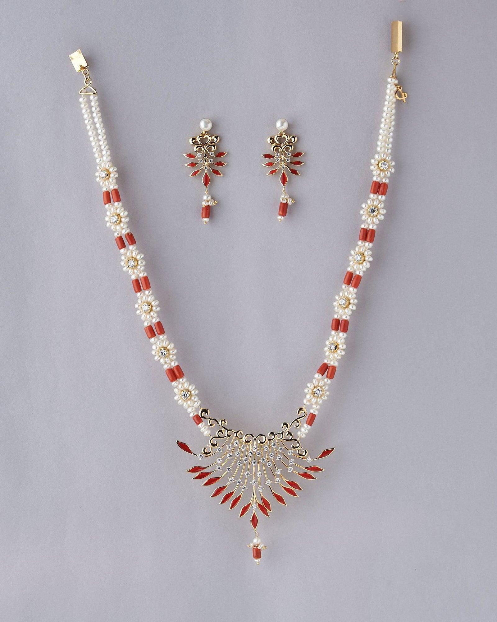 White Pearl and Red Bead Necklace Set - Chandrani Pearls