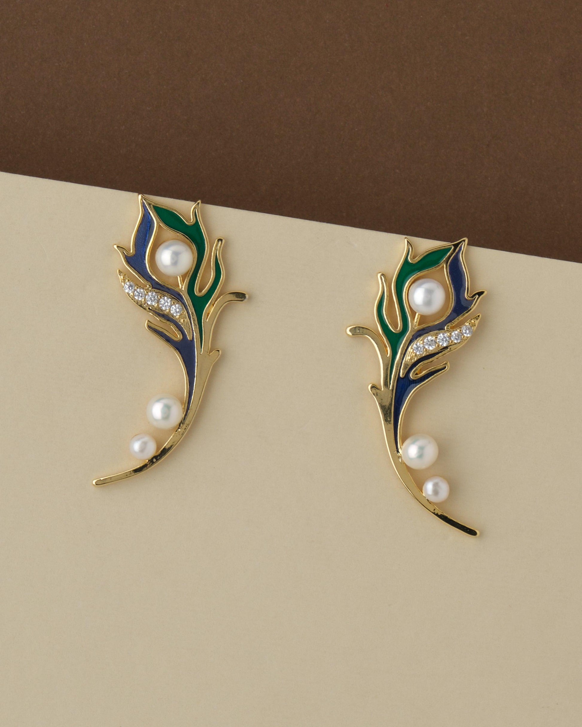Beautiful Peacock Feather Stone & Pearl Earring - Chandrani Pearls