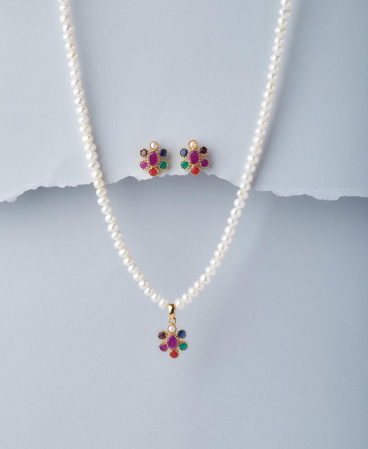 Beautiful Real Pearl Navratan Necklace Set - Chandrani Pearls