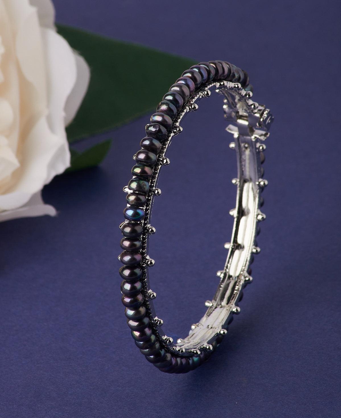 Elegant Rhodium Black Pearl Bangle - Chandrani Pearls