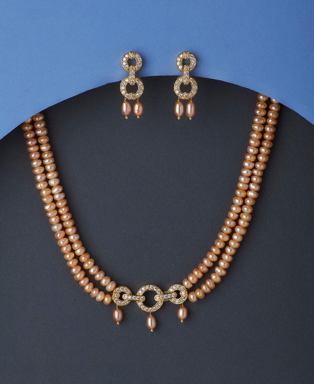 Elegant Stone Studded Pink Pearl Necklace Set - Chandrani Pearls