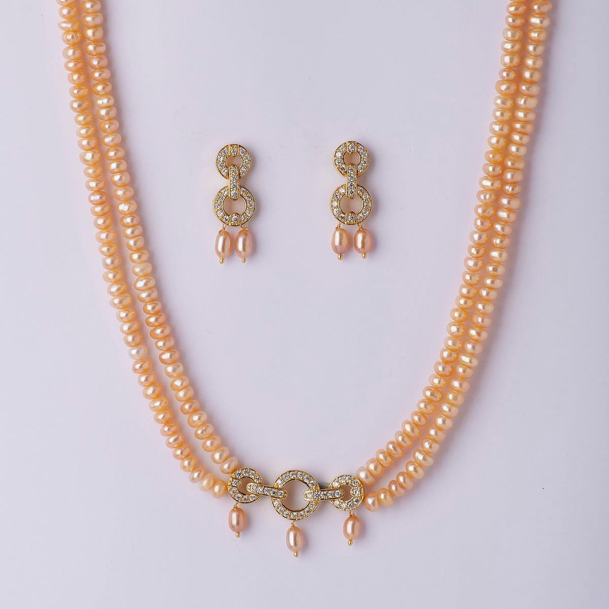 Elegant Stone Studded Pink Pearl Necklace Set - Chandrani Pearls