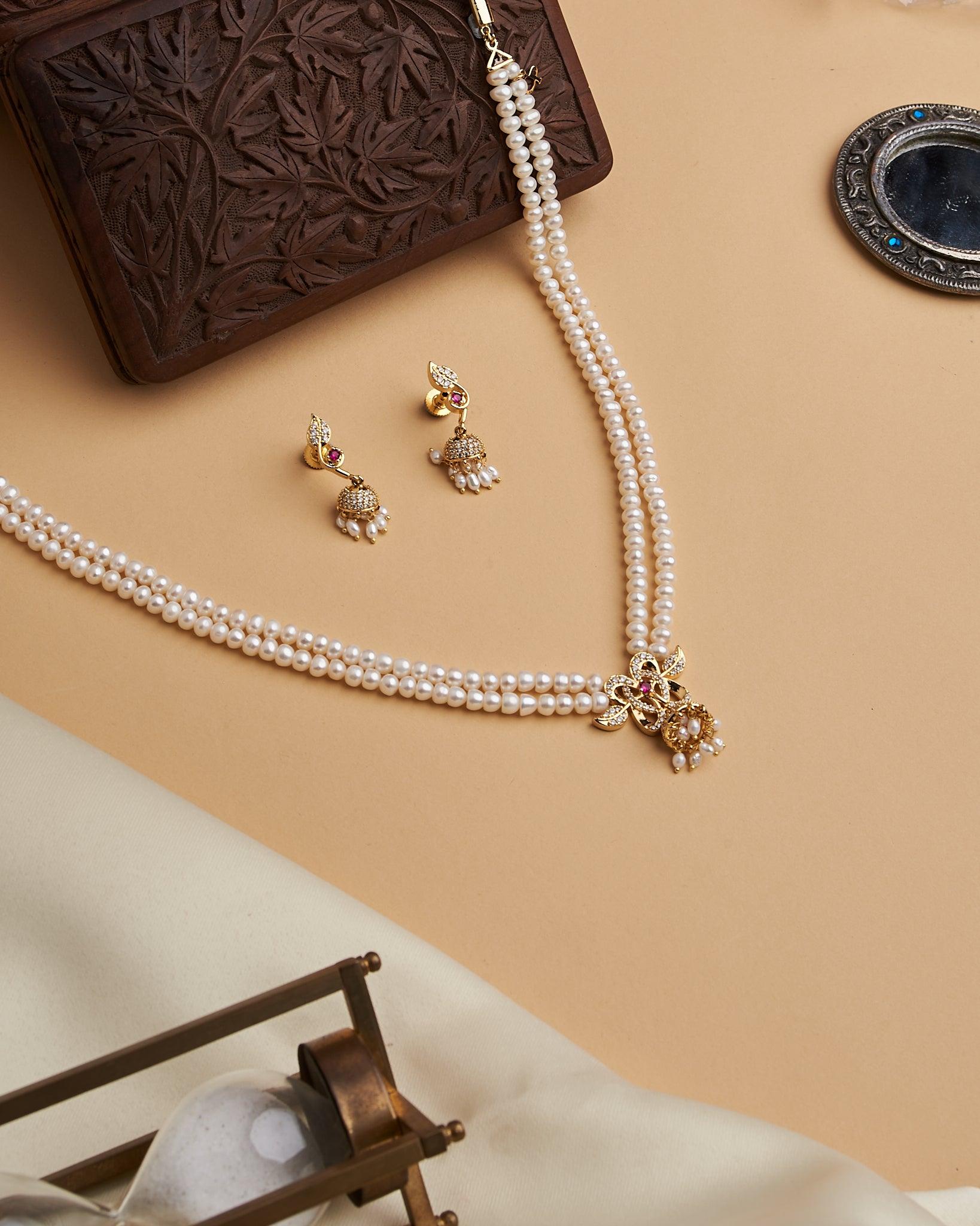 Elegant Two-line Leaf Pendant Pearl Necklace Set - Chandrani Pearls