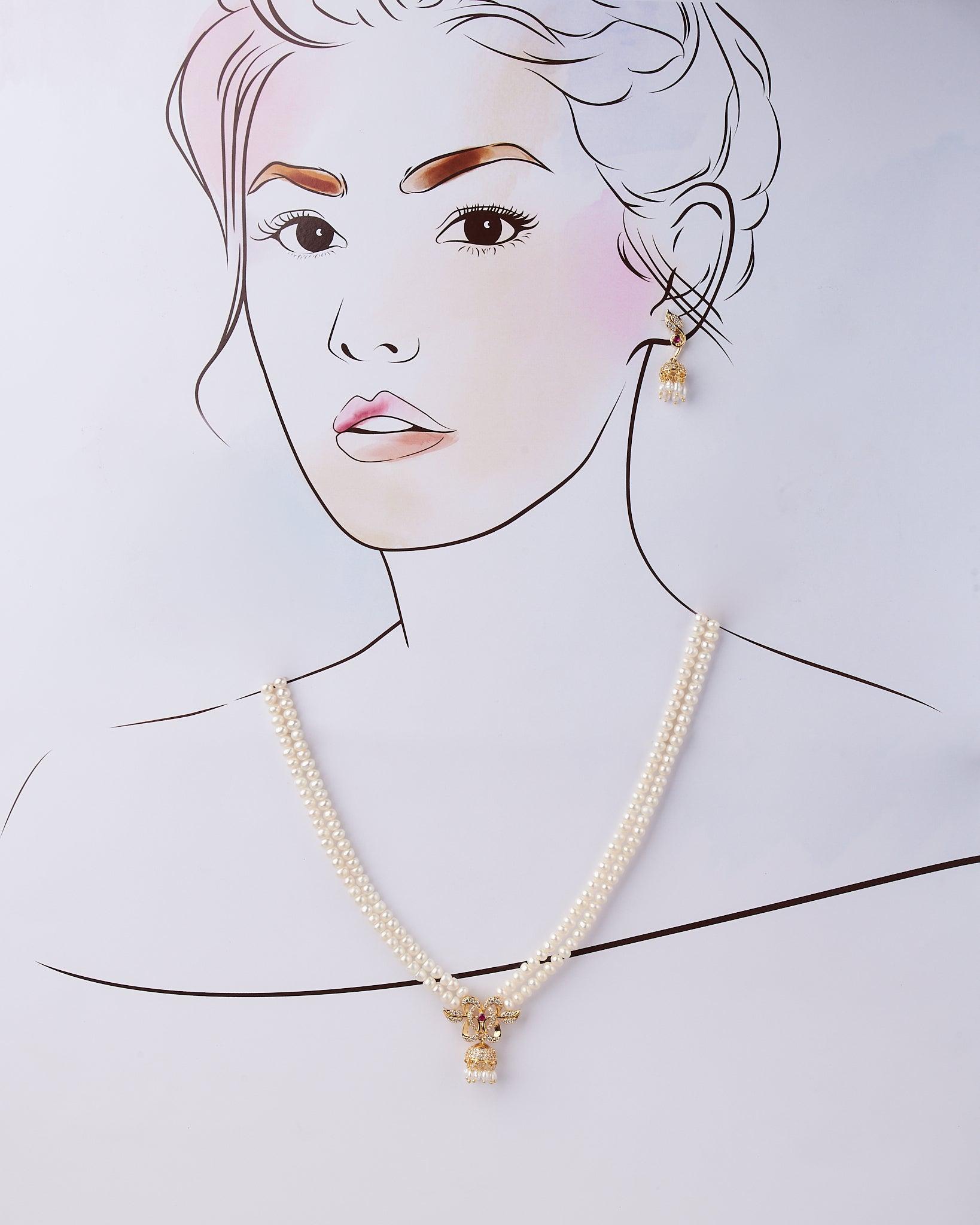Elegant Two-line Leaf Pendant Pearl Necklace Set - Chandrani Pearls