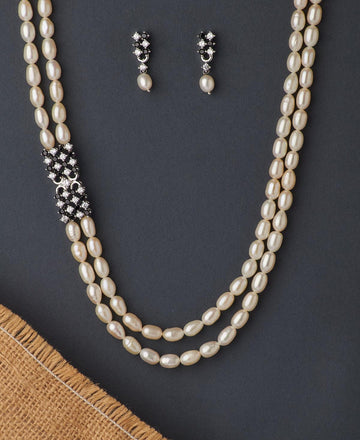 Exquisite Rhodium Pendant Pearl Necklace Set - Chandrani Pearls