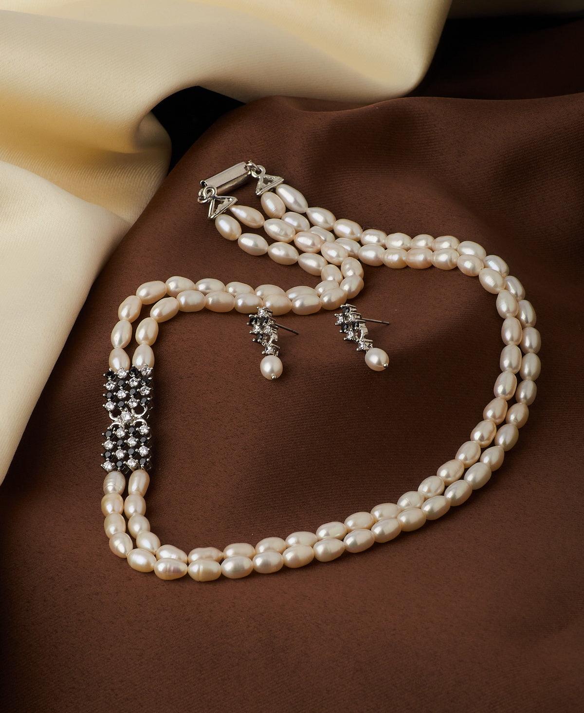 Exquisite Rhodium Pendant Pearl Necklace Set - Chandrani Pearls