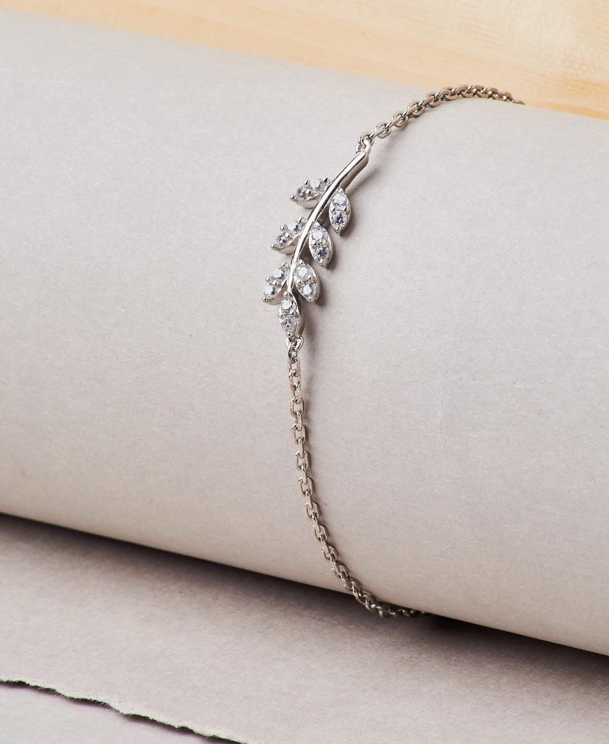 Fashionable Leaf Stone Studded Silver Bracelet. - Chandrani Pearls
