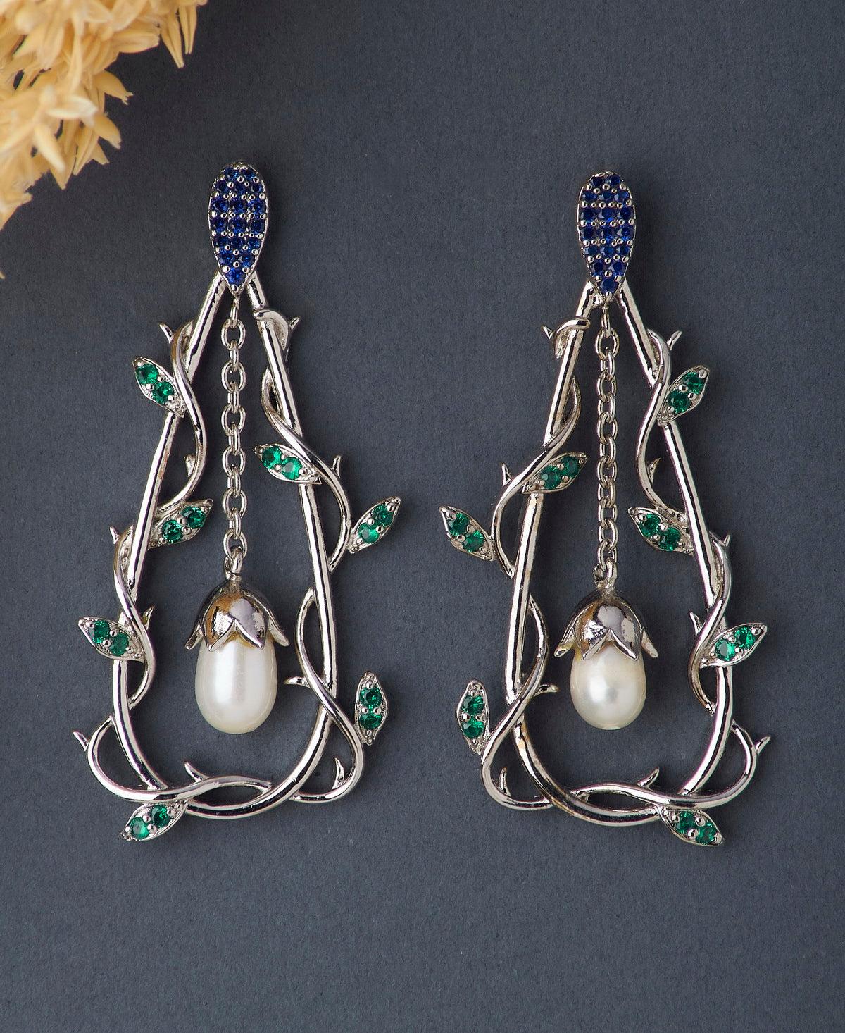 Fasionable Rhodium hanging Earring - Chandrani Pearls