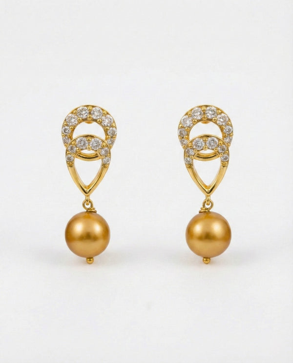 Golden Pearl and CZ Drop Earrings
