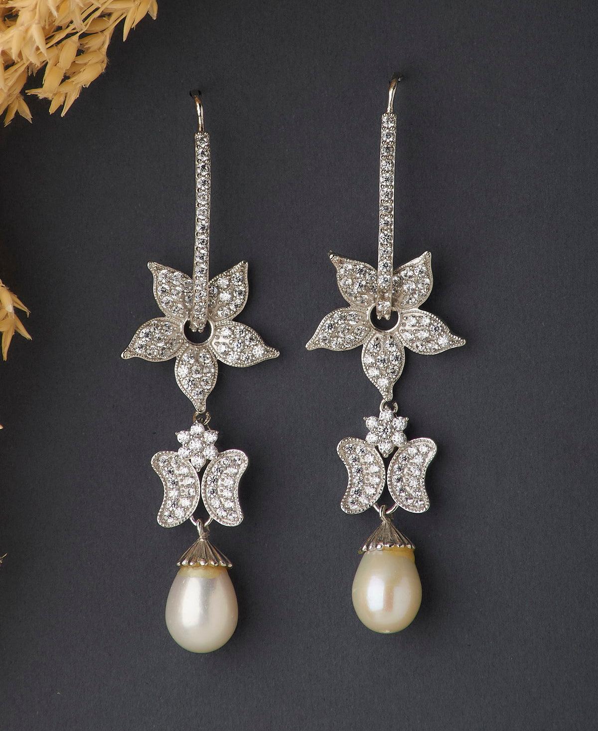 Floral Delicate Gold Stone Studded Silver Drop Earring - Chandrani Pearls