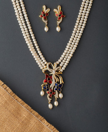Floral Enamel Real Pearl Necklace Set - Chandrani Pearls