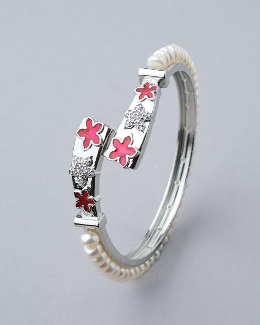Floral Enamel Stone Studded Pearl Bangle - Chandrani Pearls