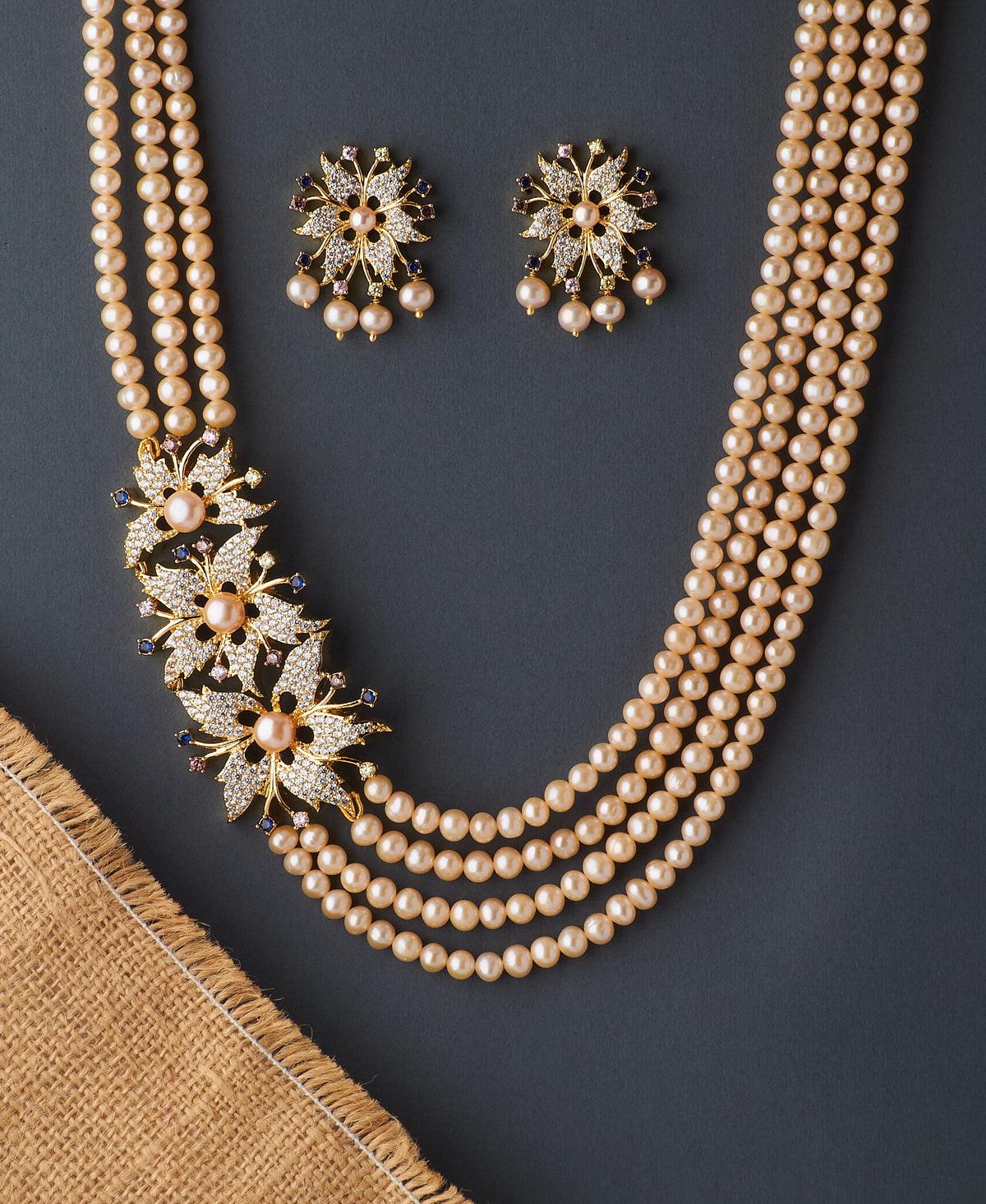 Floral Gorgeous Pink Pearl Necklace Set - Chandrani Pearls