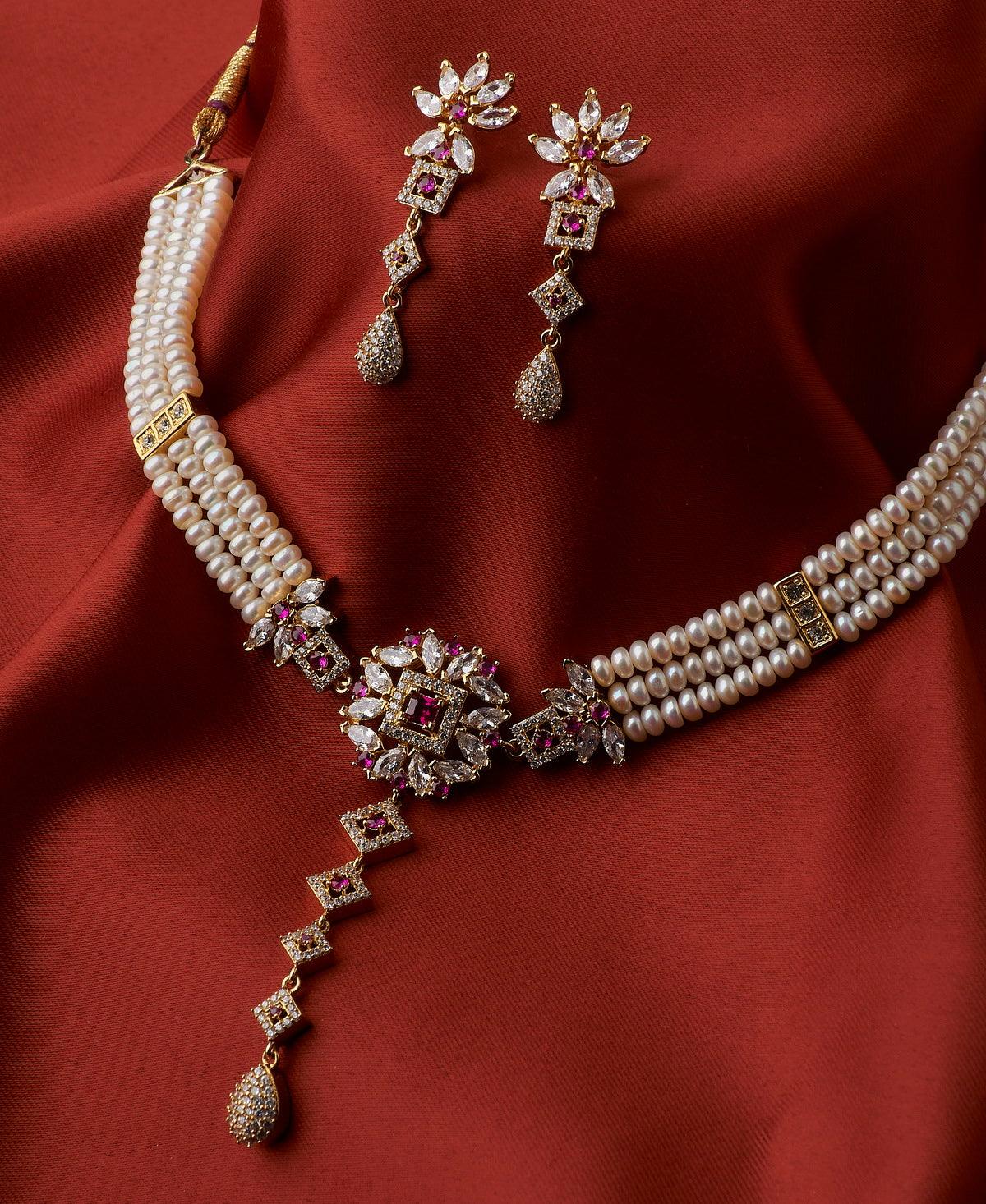 Floral Real Pearl Choker Necklace Set - Chandrani Pearls