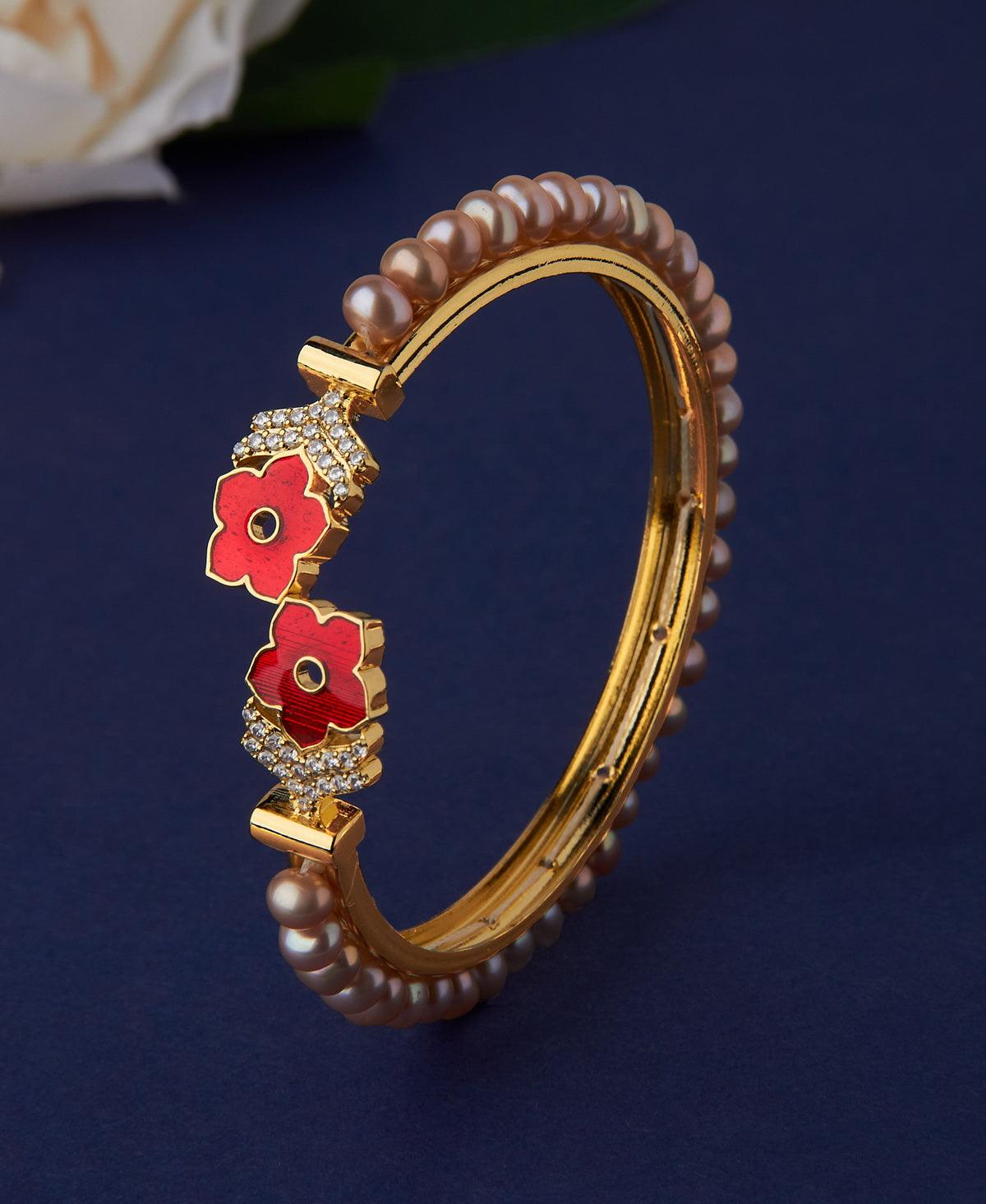 Floral Stone Studded Pearl Bangle - Chandrani Pearls
