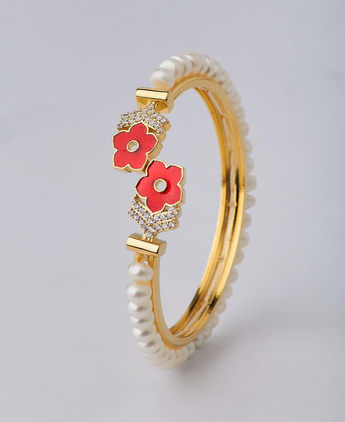 Floral Stone Studded Pearl Bangle - Chandrani Pearls