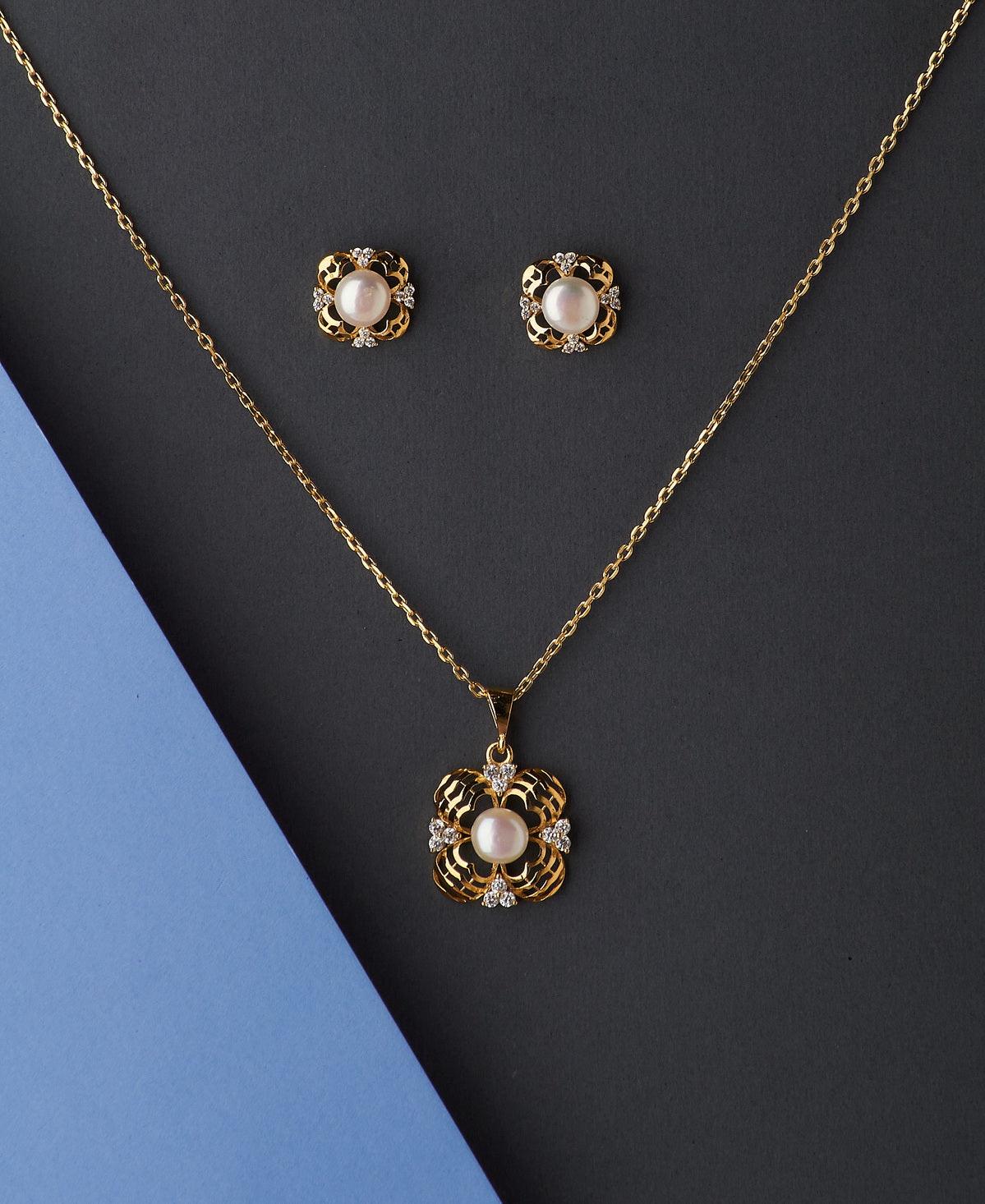 Floral Stone Studded Pearl Pendant Set - Chandrani Pearls