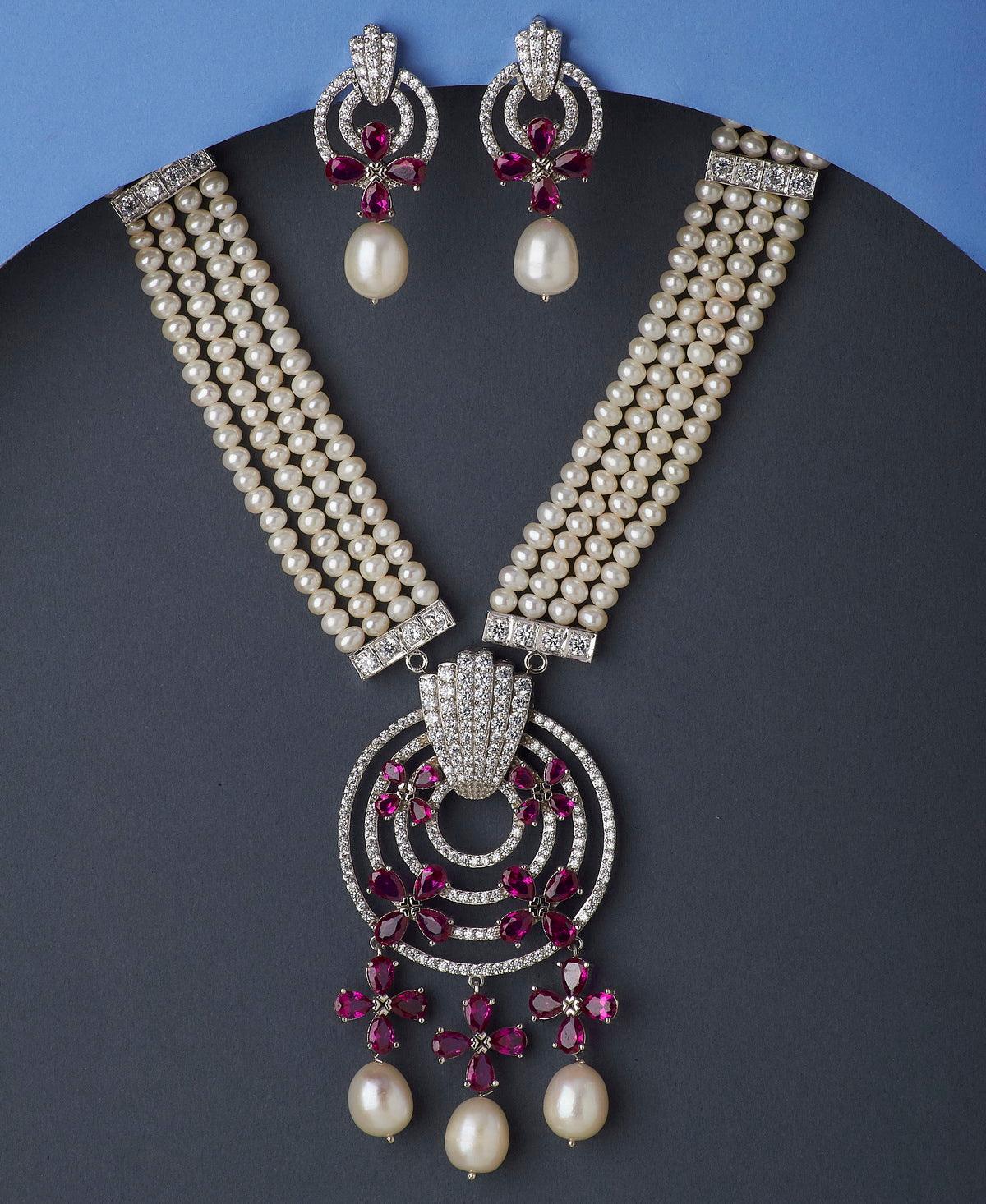 Floral Stone Studded White Pearl Necklace Set - Chandrani Pearls