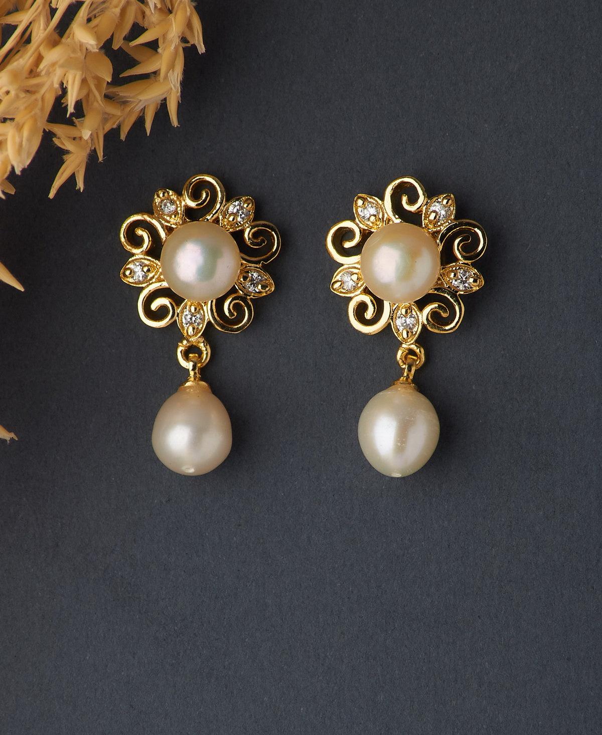 Floral White Pearl Hanging Earring - Chandrani Pearls