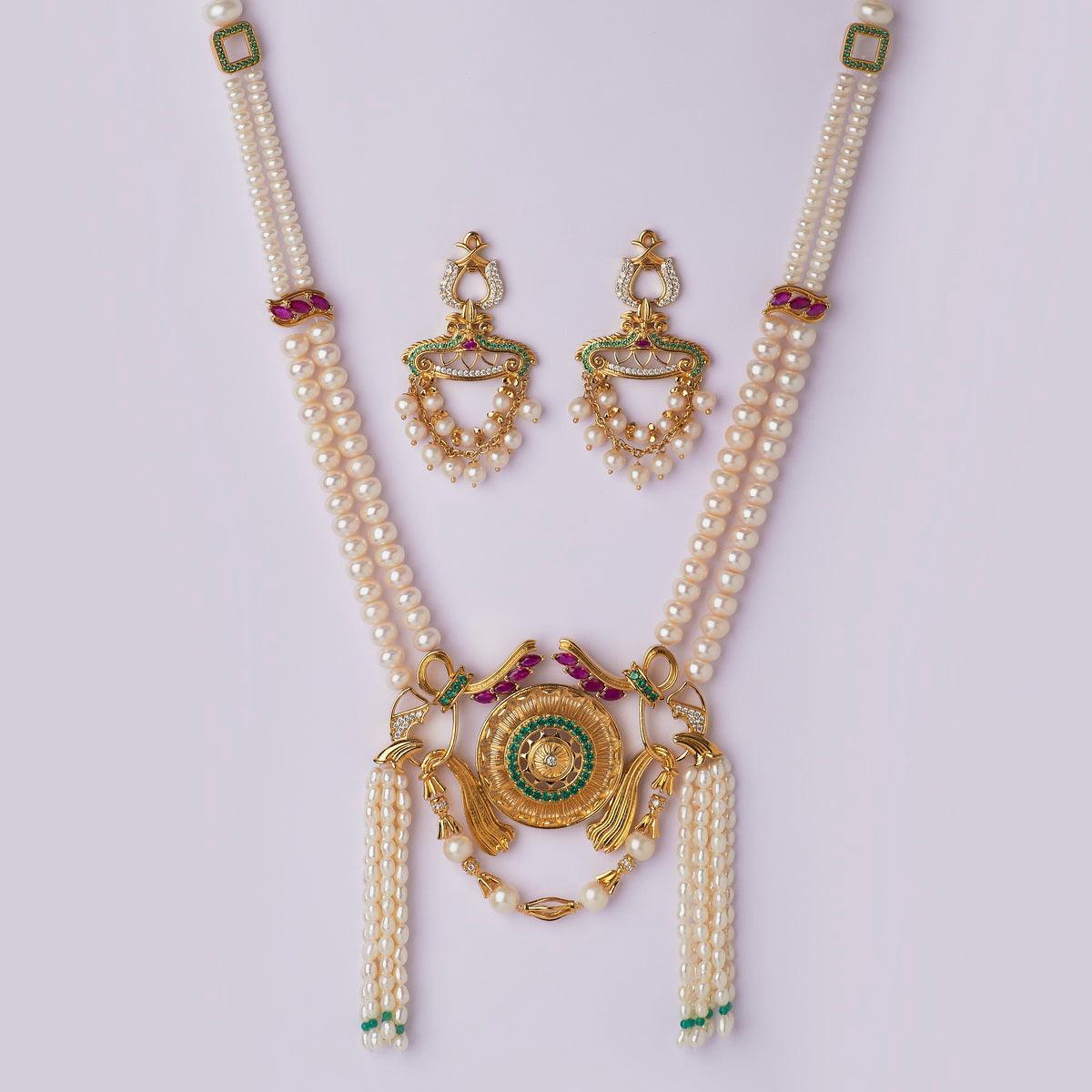 Florid Lariat AD Stone Pearl Neaklace Set - Chandrani Pearls