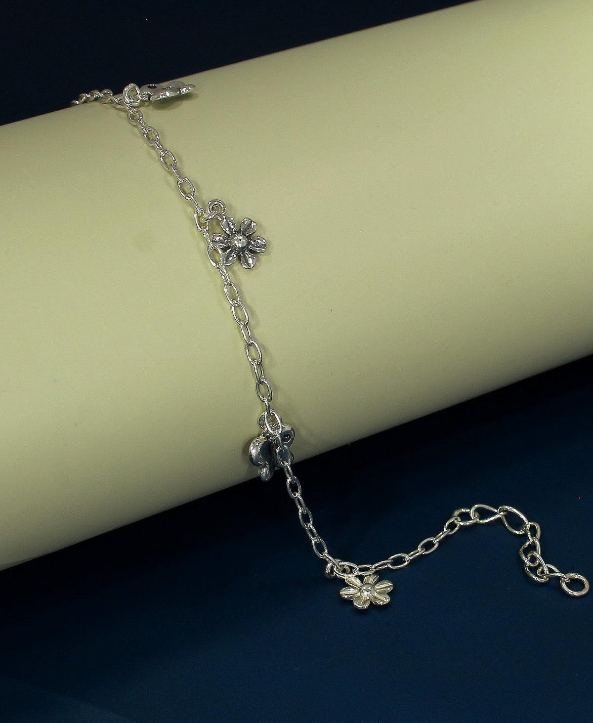 Flower Charms Stone Studded Silver Bracelet - Chandrani Pearls