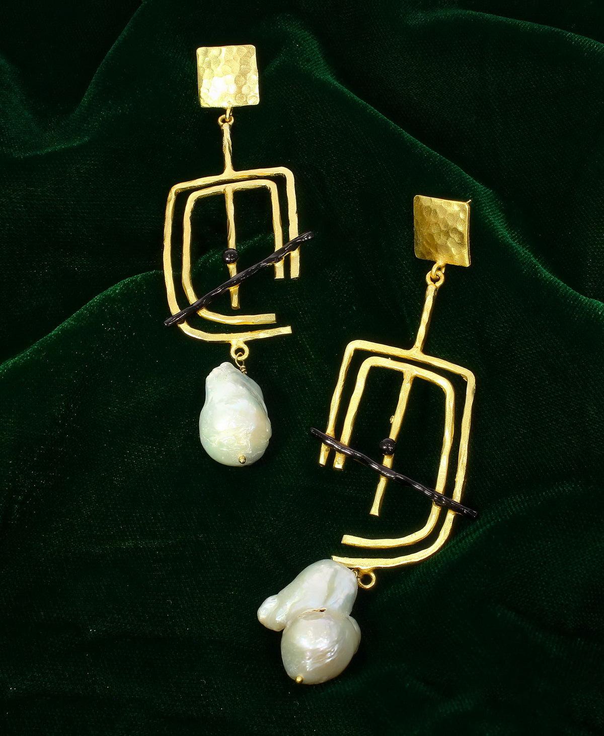 Geometrical Golden Baroque Pearl Dangler Earrings - Chandrani Pearls