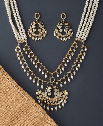 Gorgeous Stone Studded Pearl Necklace Set - Chandrani Pearls