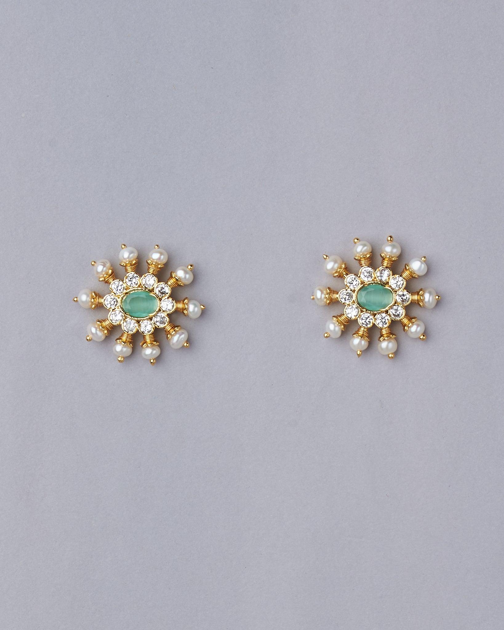 Green White Sun Spokes Pearl Ear Studs - Chandrani Pearls