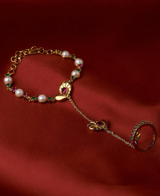 Heart Chain Pearl and Stone Stud Bracelet with Ring - Chandrani Pearls