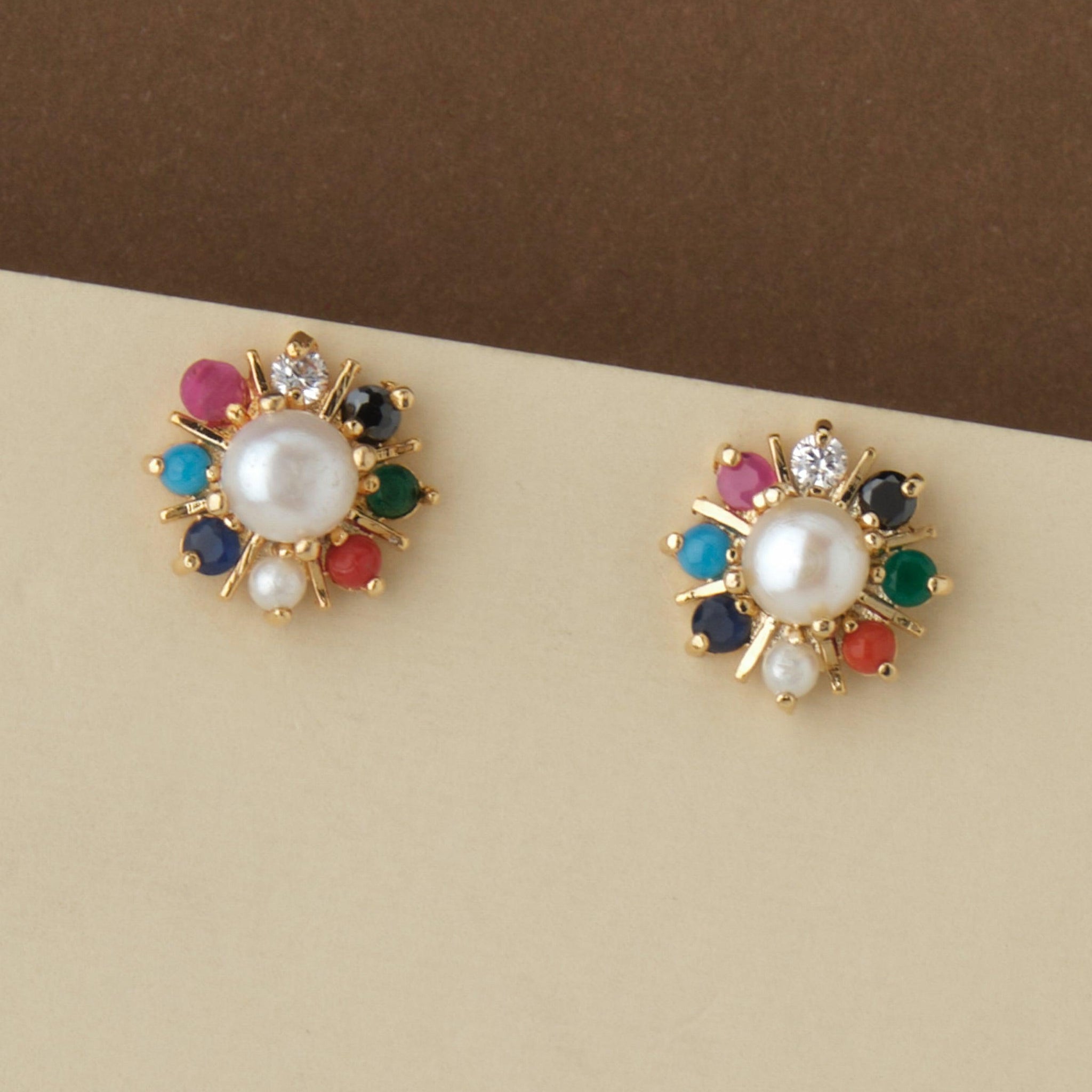 Navratan Stud Pearl Earring - Chandrani Pearls
