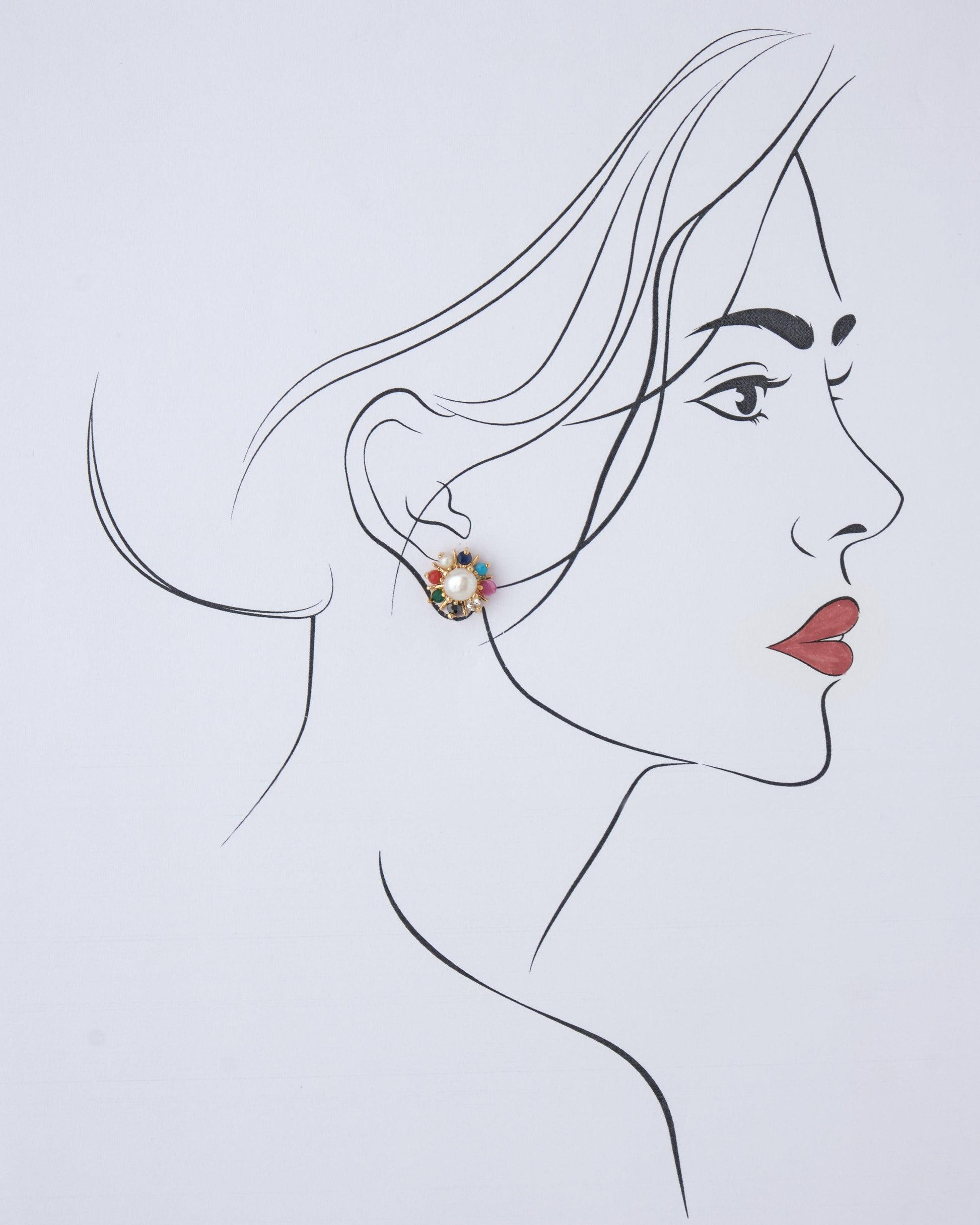 Navratan Stud Pearl Earring - Chandrani Pearls