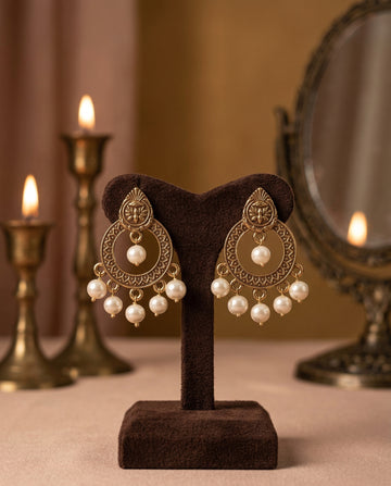 Temple-Style Antique Gold plated Chandelier Pearl Earrings