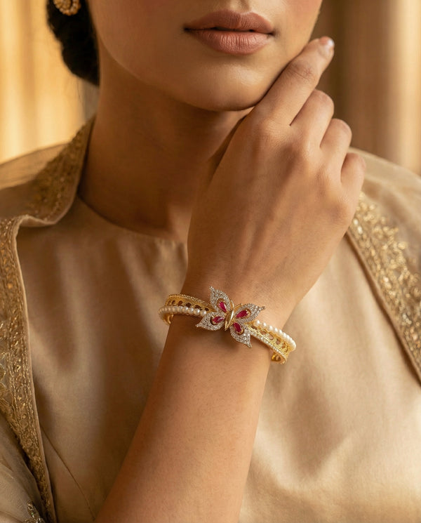 Ornate Gold Plated Butterfly Pearls Bangle