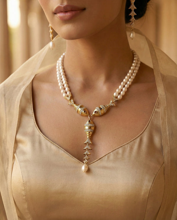 Golden Fish & Double-Strand Pearl CZ Jewellery Set