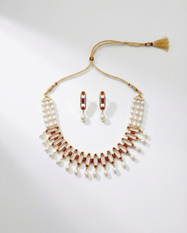 Imperial Ruby & Multi-Strand Pearl Necklace & Earrings Set