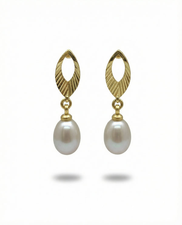 Gold-Plated Leaf Drop Pearl Earrings