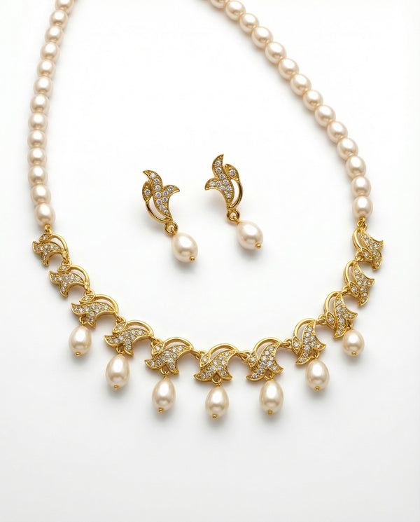 Floral & Leaf Pearl CZ Jewellery Set