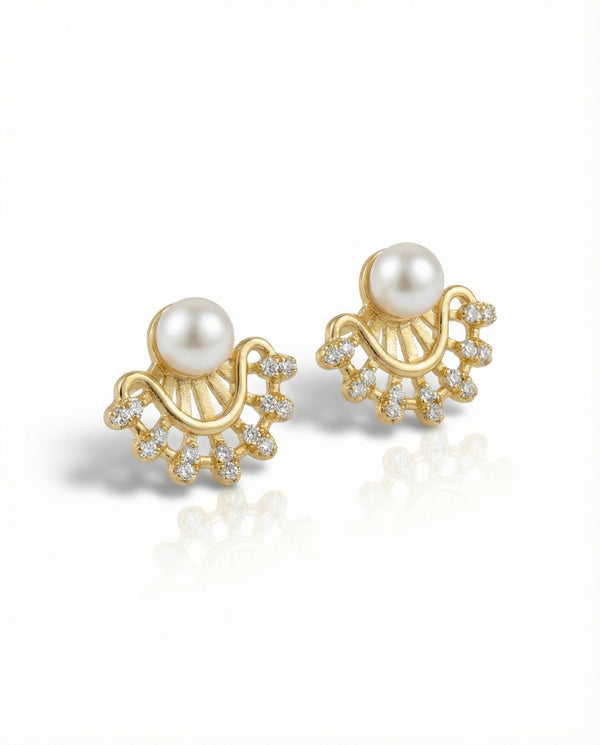 Golden Sunburst Pearl Stud Earrings