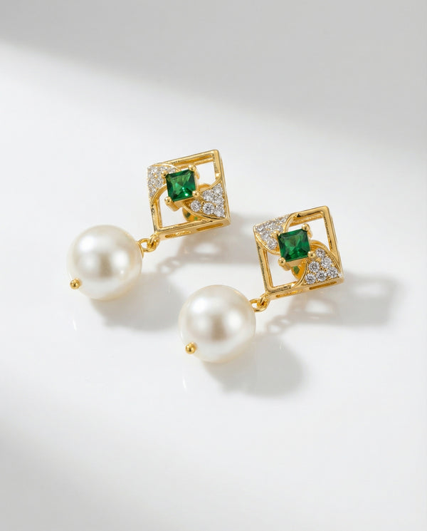 Artisan Square-Halo Pearl CZ Drop Earrings