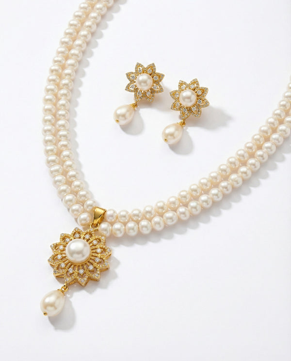 Royal Double-Strand Pearl & Sunburst Floral Jewellery Set
