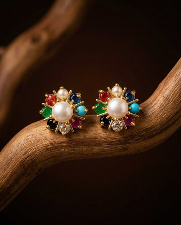 Navratna-Style Multi-Gemstone Starburst Pearl Studs