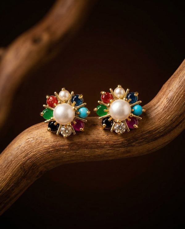 Navratna-Style Multi-Gemstone Starburst Pearl Studs