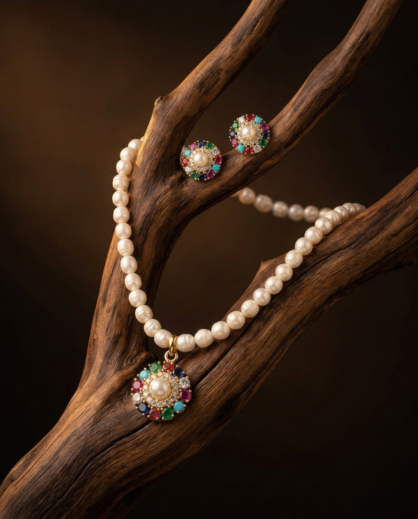 Multicolour Gemstone & Pearl Statement Jewellery Set