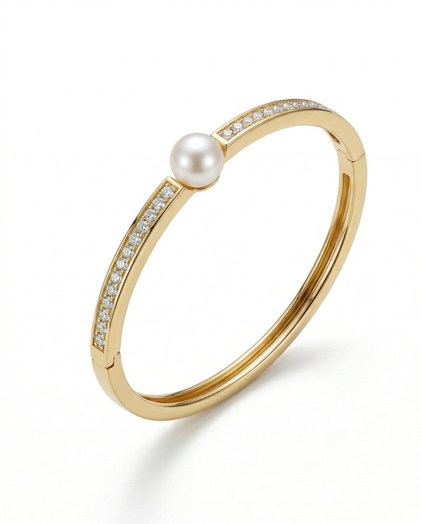 Elegant Round White Pearl CZ Gold Plated Bracelet
