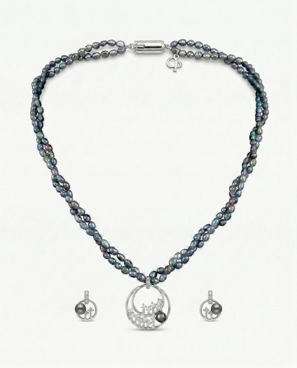 Black Pearl Double-Strand Necklace with Drop Earrings