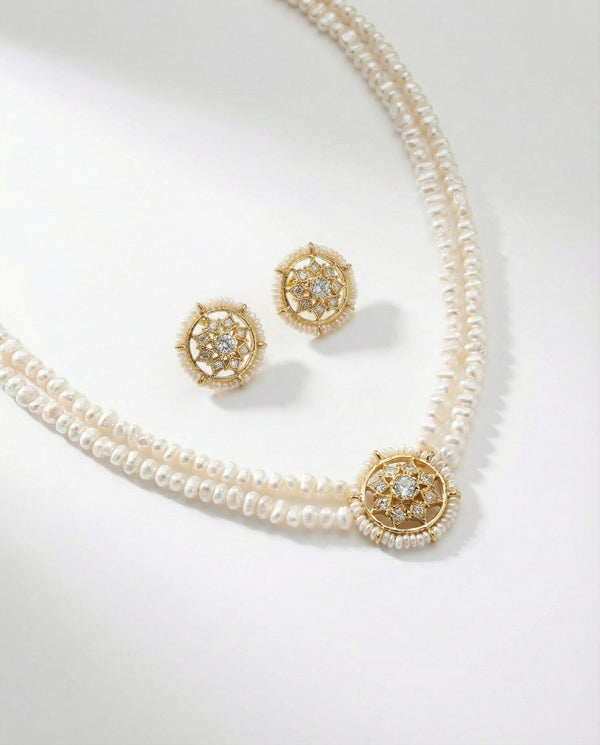 Celestial Radiance Double-Strand Pearl Necklace & Earring Set