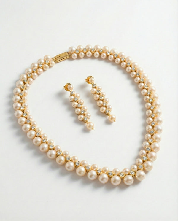 Gold-Tone Double-Row Pearl and CZ Necklace with Earrings Set