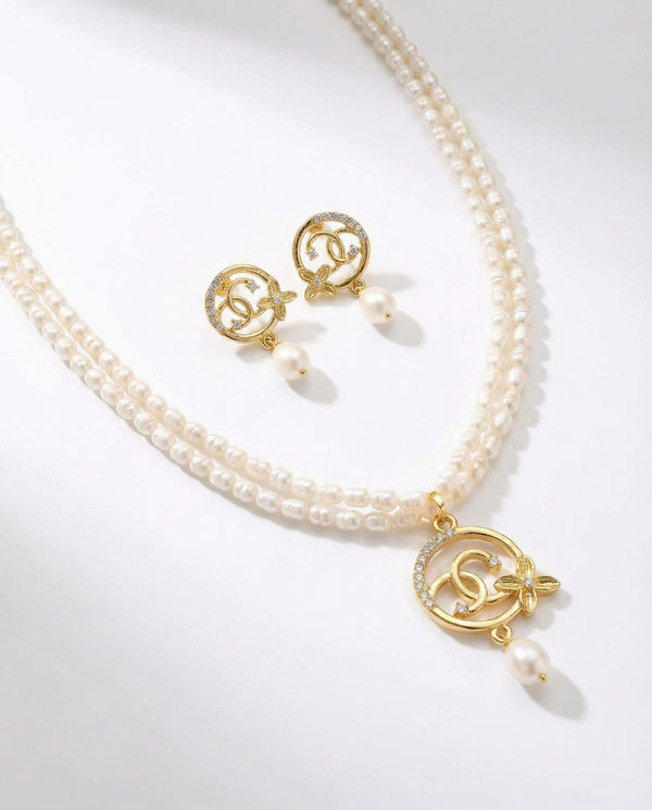 Elegant Dual-Strand Pearl Necklace & Earring Set