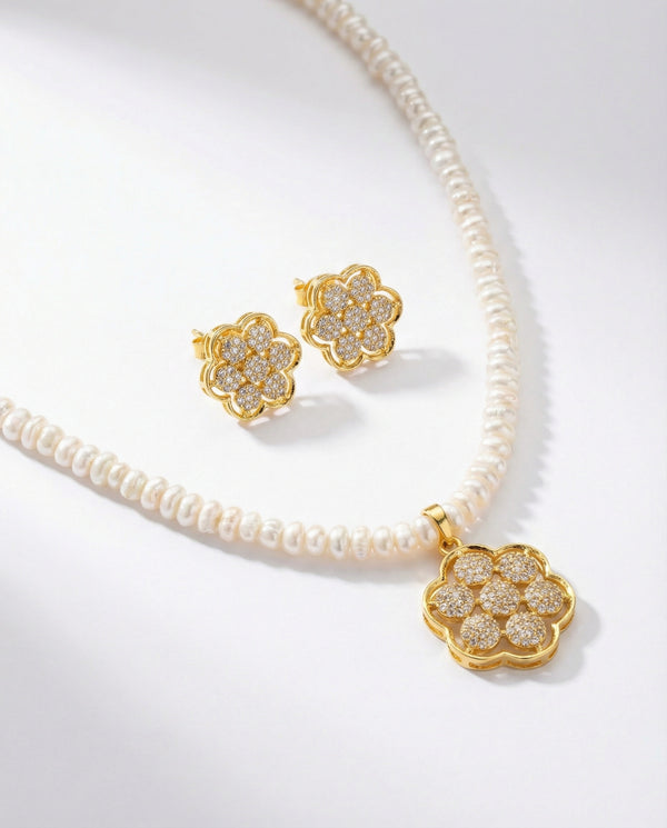 Elegant Floral CZ & Freshwater Pearl Jewellery Set
